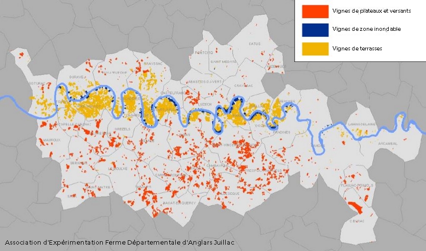 Carte des vins de Cahors : terrasses et plateaux